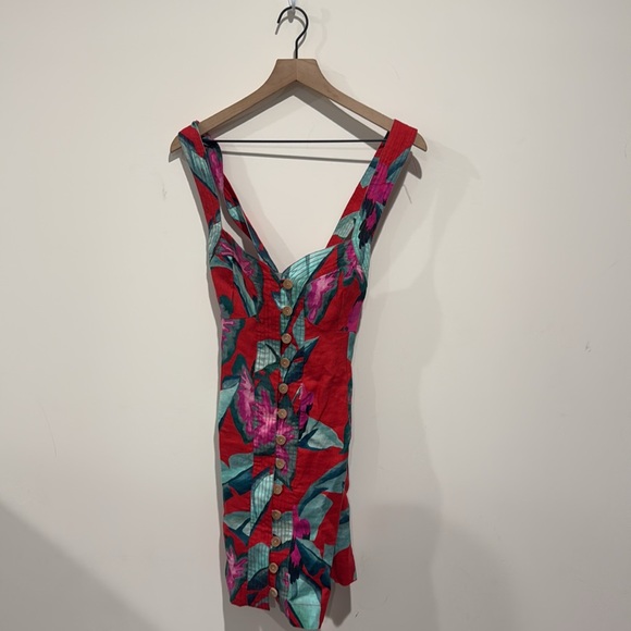 NEW • Farm Rio • Women’s Summer Foliage Linen Minidress Red / Green Medium - Picture 3 of 3